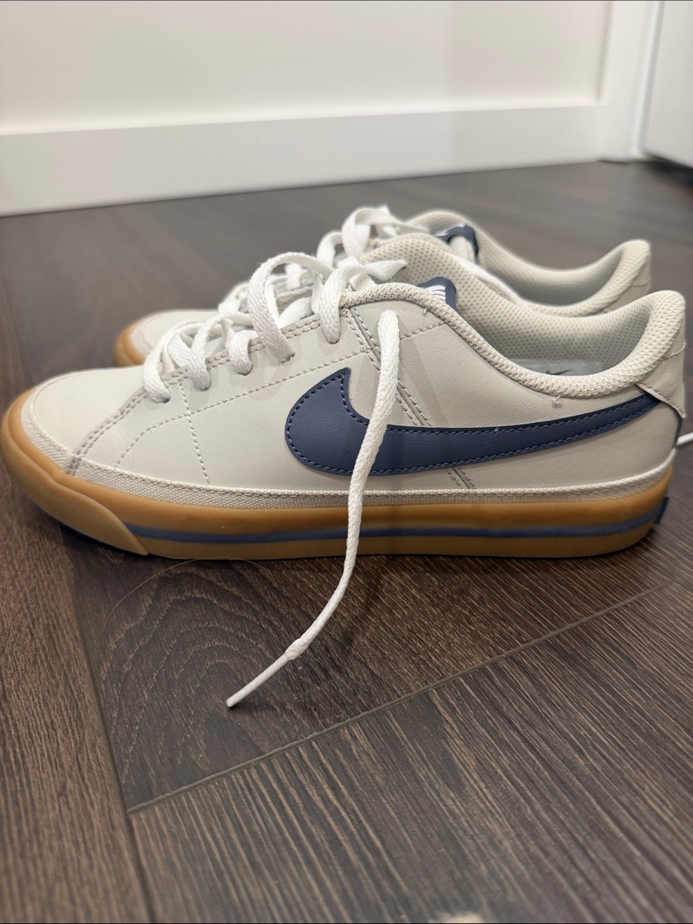 Nike kids legacy court sneakers with Navy Swoosh and Gum Sole